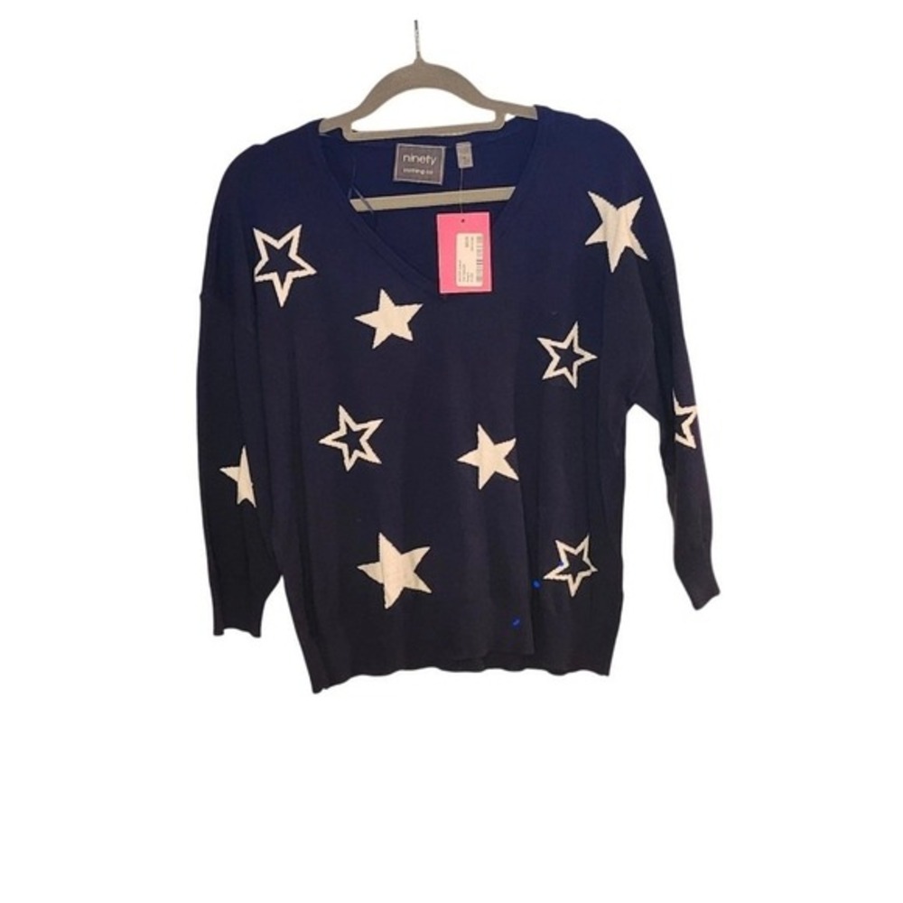 NWT Ninety Clothing Co Womens Navy Blue White Star V-Neck Sweater Size S